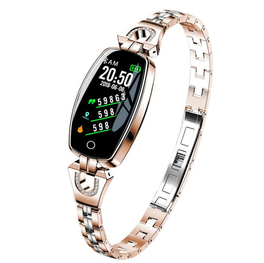 Bratara Fitness Sweet Lady H8 2019, Bratara metalica cu insertii elegante cu bijuterii, Monitorizare Ritm Cardiac, Sedentarism, Fitness Tracker, IP67 Waterproof, Culoare Gold