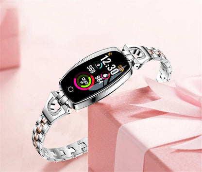 Ceas Smartwatch Sweet Lady H8 2019, Bratara metalica cu insertii elegante cu bijuterii, Monitorizare Ritm Cardiac, Sedentarism, Fitness Tracker, IP67 Waterproof, Culoare Argintiu