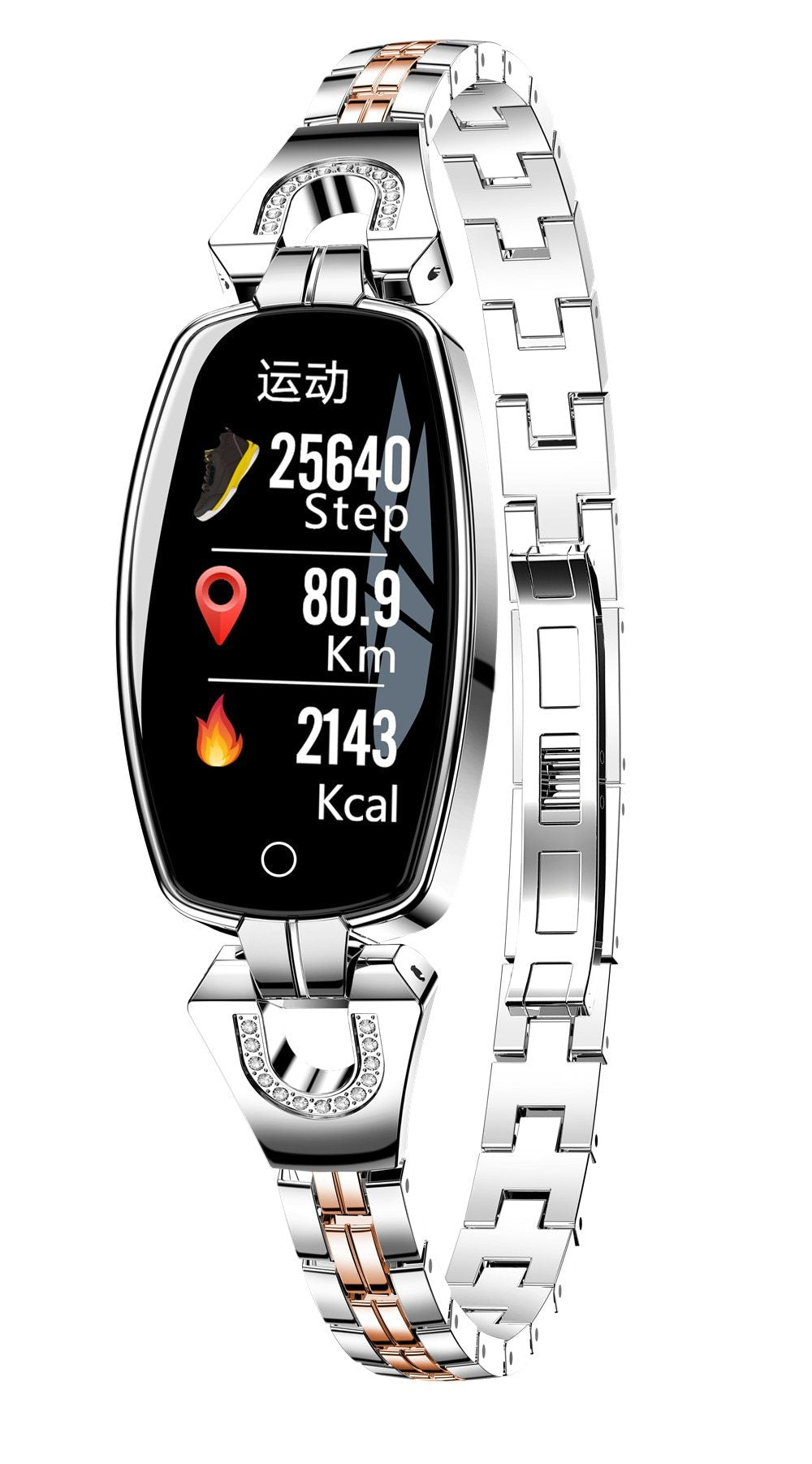 Ceas Smartwatch Sweet Lady H8 2019, Bratara metalica cu insertii elegante cu bijuterii, Monitorizare Ritm Cardiac, Sedentarism, Fitness Tracker, IP67 Waterproof, Culoare Argintiu