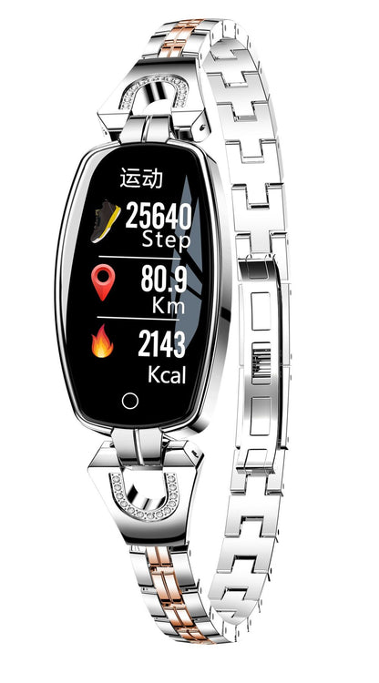 Ceas Smartwatch Sweet Lady H8 2019, Bratara metalica cu insertii elegante cu bijuterii, Monitorizare Ritm Cardiac, Sedentarism, Fitness Tracker, IP67 Waterproof, Culoare Argintiu