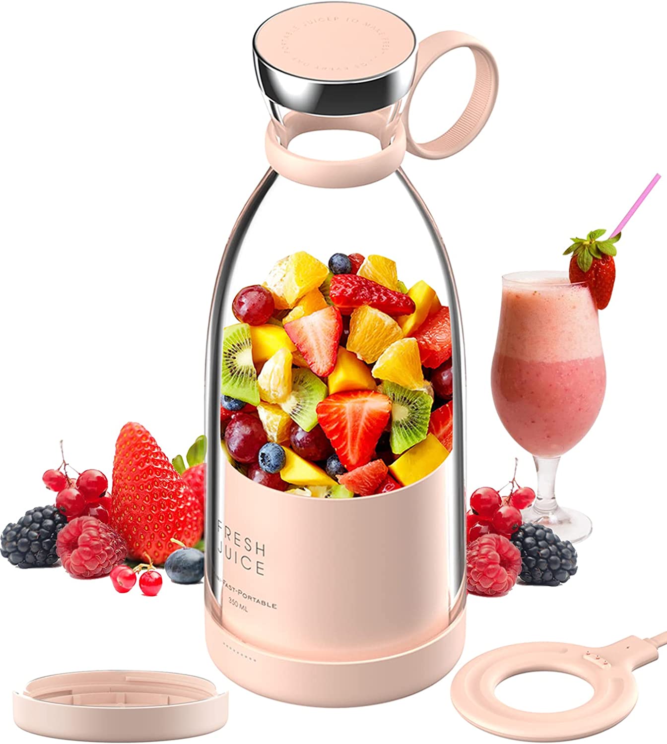 Mini Blender Electric FreshMix Pink IdealStore Portabil, Incarcare Magnetica Wireless, 4 Lame din otel inoxidabil 3D, Capacitate 350 ml, Putere 20.000 rpm, Usor de curatat, 3 viteze de mixare