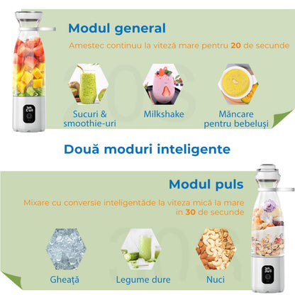 Mini Blender Electric Profesional Fruit Juicer White IdealStore Portabil, Incarcare Magnetica Wireless, 3 Lame din otel inoxidabil 3D, Capacitate 650 ml, Putere 22.000 rpm, Usor de curatat, 3 viteze de mixare
