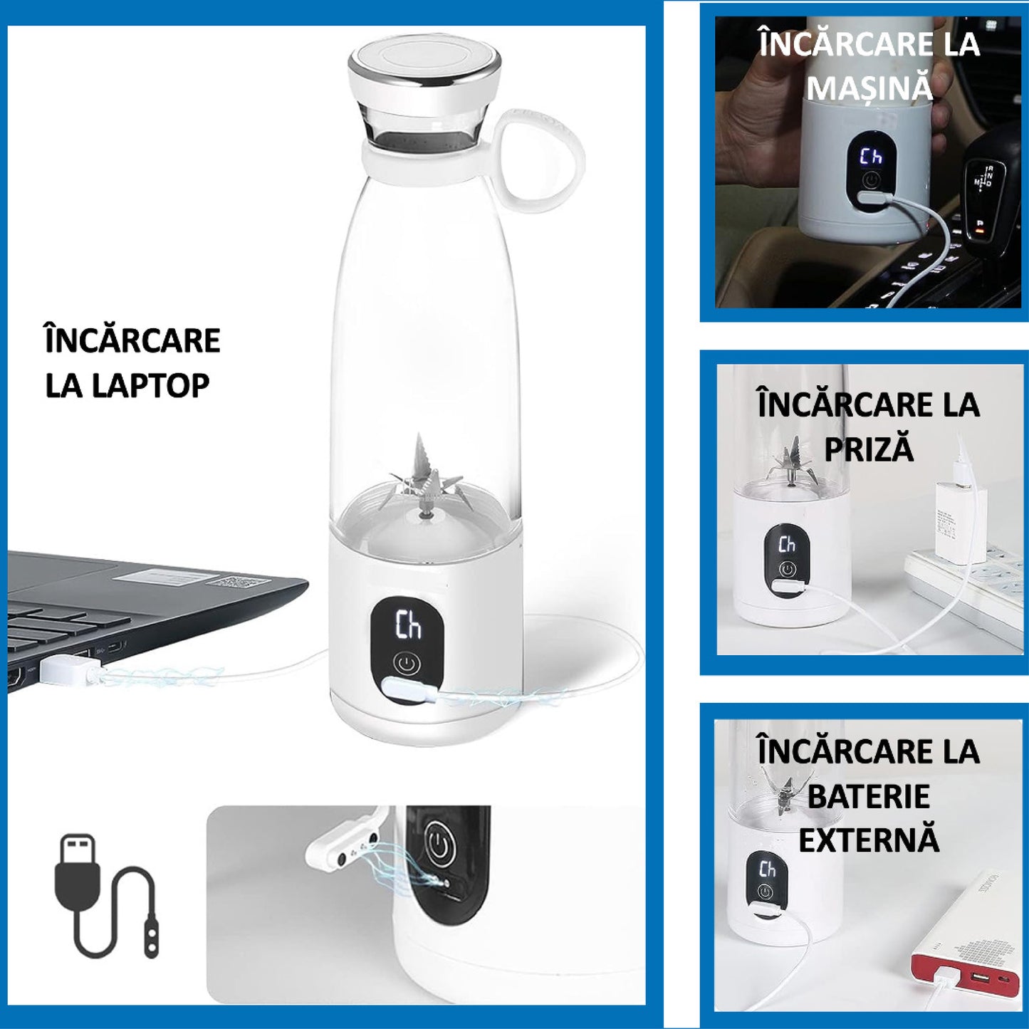 Mini Blender Electric Profesional Fruit Juicer White IdealStore Portabil, Incarcare Magnetica Wireless, 3 Lame din otel inoxidabil 3D, Capacitate 650 ml, Putere 22.000 rpm, Usor de curatat, 3 viteze de mixare