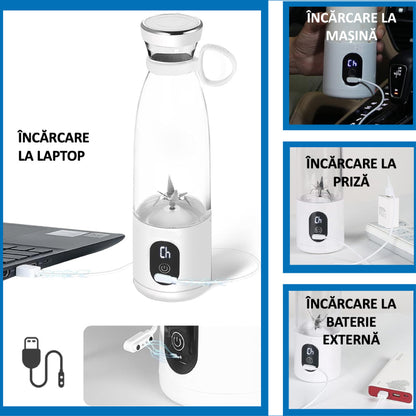 Mini Blender Electric Profesional Fruit Juicer White IdealStore Portabil, Incarcare Magnetica Wireless, 3 Lame din otel inoxidabil 3D, Capacitate 650 ml, Putere 22.000 rpm, Usor de curatat, 3 viteze de mixare
