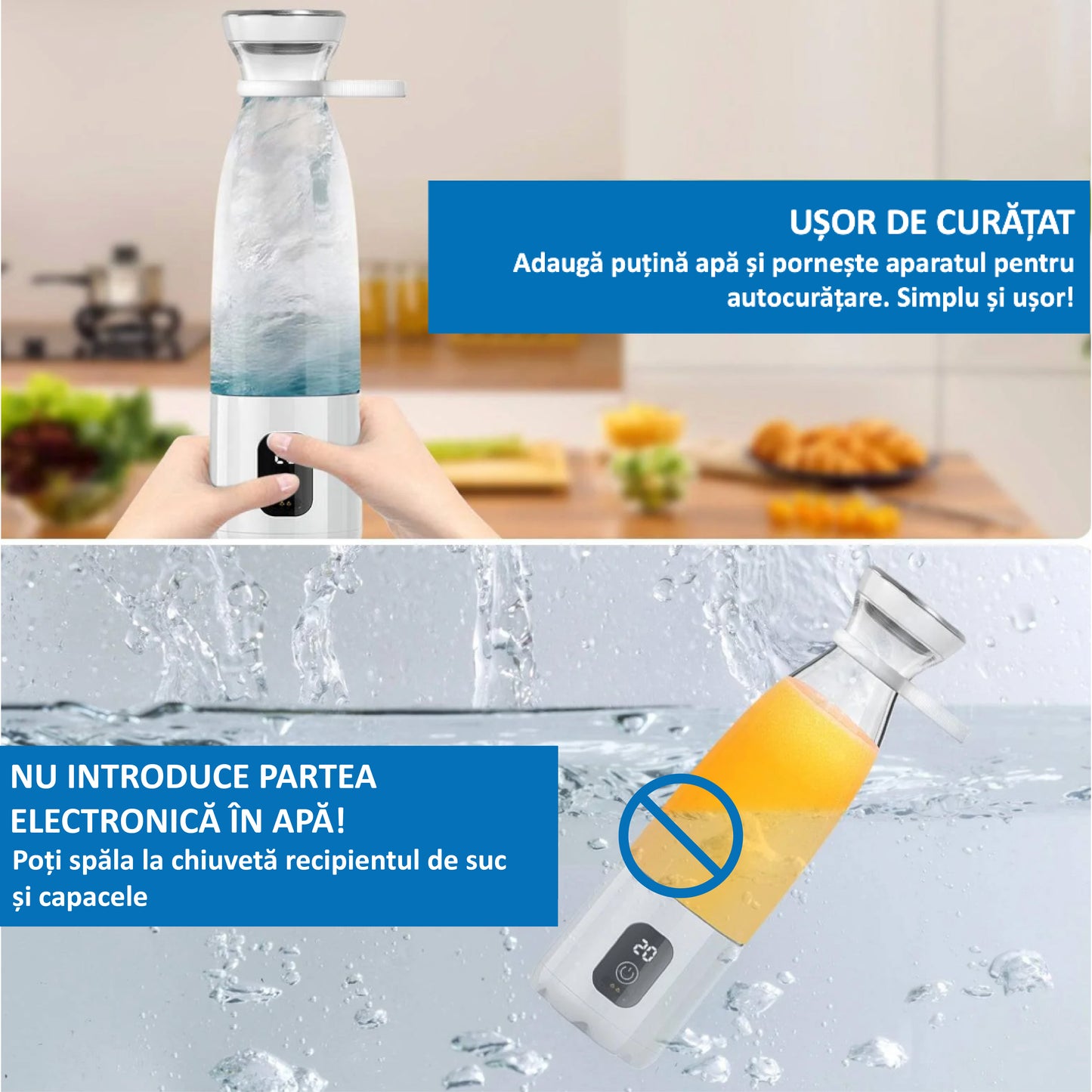 Mini Blender Electric Profesional Fruit Juicer White IdealStore Portabil, Incarcare Magnetica Wireless, 3 Lame din otel inoxidabil 3D, Capacitate 650 ml, Putere 22.000 rpm, Usor de curatat, 3 viteze de mixare