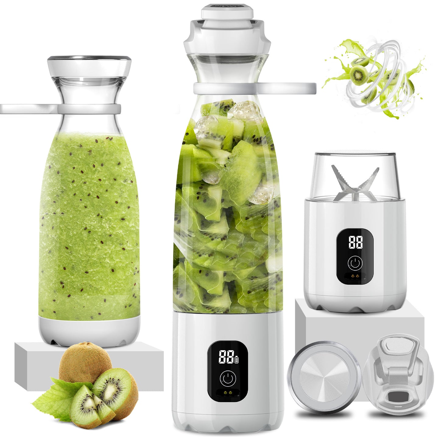 Mini Blender Electric Profesional Fruit Juicer White IdealStore Portabil, Incarcare Magnetica Wireless, 3 Lame din otel inoxidabil 3D, Capacitate 650 ml, Putere 22.000 rpm, Usor de curatat, 3 viteze de mixare