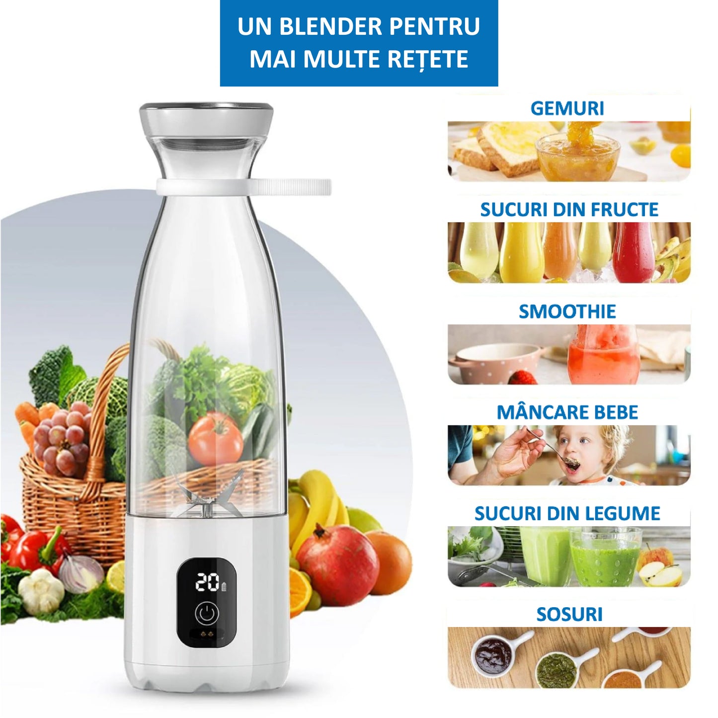Mini Blender Electric Profesional Fruit Juicer White IdealStore Portabil, Incarcare Magnetica Wireless, 3 Lame din otel inoxidabil 3D, Capacitate 650 ml, Putere 22.000 rpm, Usor de curatat, 3 viteze de mixare