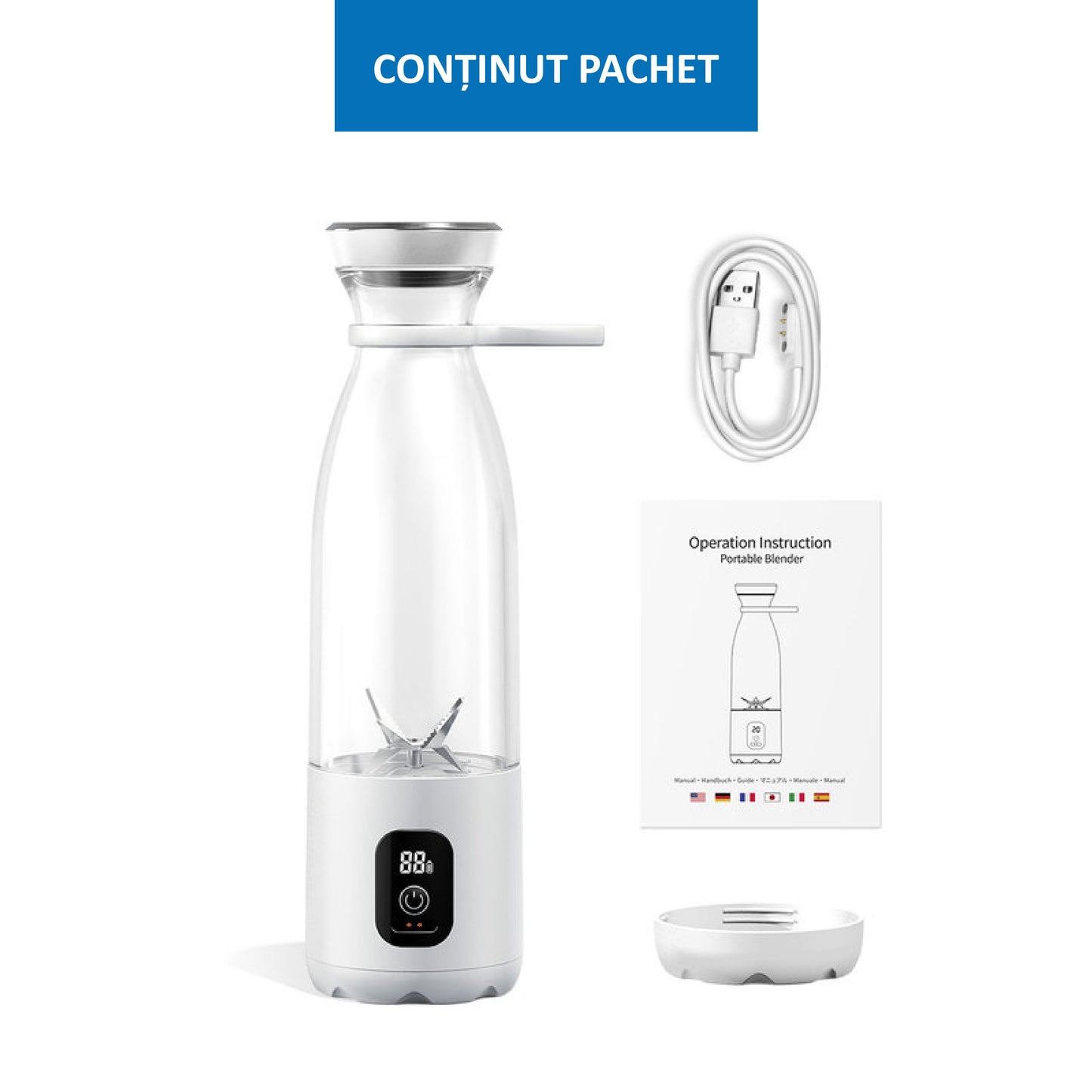 Mini Blender Electric Profesional Fruit Juicer White IdealStore Portabil, Incarcare Magnetica Wireless, 3 Lame din otel inoxidabil 3D, Capacitate 650 ml, Putere 22.000 rpm, Usor de curatat, 3 viteze de mixare