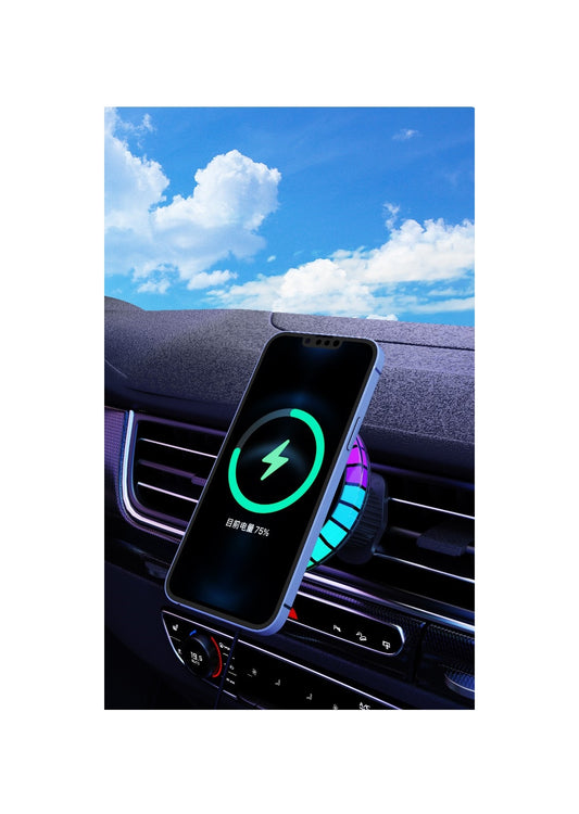 Suport auto magnetic pentru telefon idealSTORE, Incarcare wireless, Model Universal pentru orice tip de telefon, Joc de lumina ambientala RGB, Multicolor