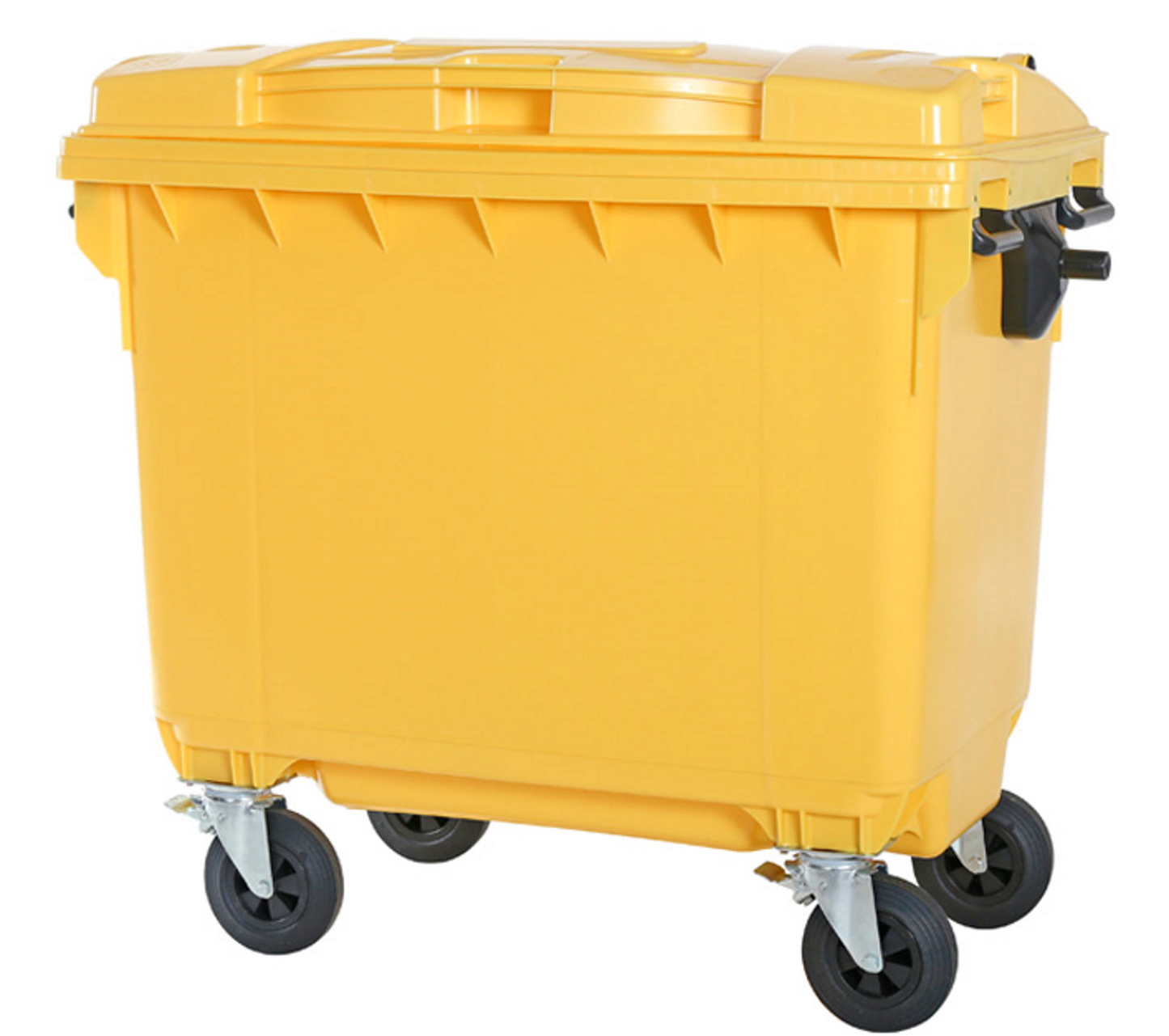 Container Profesional idealStore EcoPub, capac Plat, Roti cu rotire 360, Plastic Virgin, Metal Zincat, Rezistent la caldura-inghet si substante chimice, 660 L, Galben