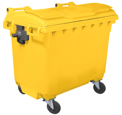 Container Profesional idealStore EcoPub, capac Plat, Roti cu rotire 360, Plastic Virgin, Metal Zincat, Rezistent la caldura-inghet si substante chimice, 660 L, Galben