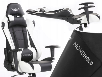 Scaun Gaming Reglabil cu mecanism TILT idealSTORE Racing eSPORT COLLECTION, Asigura pozitia si confortul corect al corpului, Echipat cu cotiere reglabile, perne confortabile, Posibilitatea modificarii unghiului spatarului pana la 180 , Negru-Alb