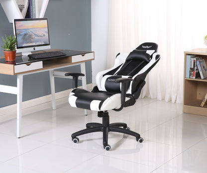 Scaun Gaming Reglabil cu mecanism TILT idealSTORE Racing eSPORT COLLECTION, Asigura pozitia si confortul corect al corpului, Echipat cu cotiere reglabile, perne confortabile, Posibilitatea modificarii unghiului spatarului pana la 180 , Negru-Alb