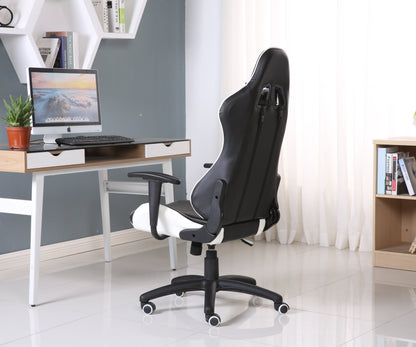 Scaun Gaming Reglabil cu mecanism TILT idealSTORE Racing eSPORT COLLECTION, Asigura pozitia si confortul corect al corpului, Echipat cu cotiere reglabile, perne confortabile, Posibilitatea modificarii unghiului spatarului pana la 180 , Negru-Alb