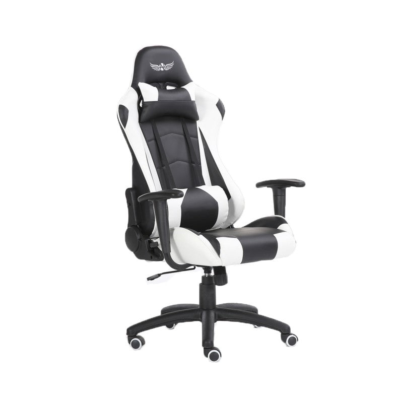 Scaun Gaming Reglabil cu mecanism TILT idealSTORE Racing eSPORT COLLECTION, Asigura pozitia si confortul corect al corpului, Echipat cu cotiere reglabile, perne confortabile, Posibilitatea modificarii unghiului spatarului pana la 180 , Negru-Alb