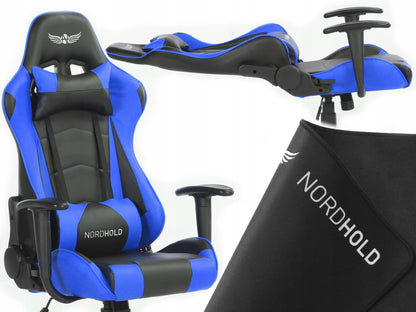 Scaun Gaming Reglabil cu mecanism TILT idealSTORE Racing eSPORT COLLECTION, Asigura pozitia si confortul corect al corpului, Echipat cu cotiere reglabile, perne confortabile, Posibilitatea modificarii unghiului spatarului pana la 180 , Negru-Albastru