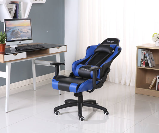 Scaun Gaming Reglabil cu mecanism TILT idealSTORE Racing eSPORT COLLECTION, Asigura pozitia si confortul corect al corpului, Echipat cu cotiere reglabile, perne confortabile, Posibilitatea modificarii unghiului spatarului pana la 180 , Negru-Albastru