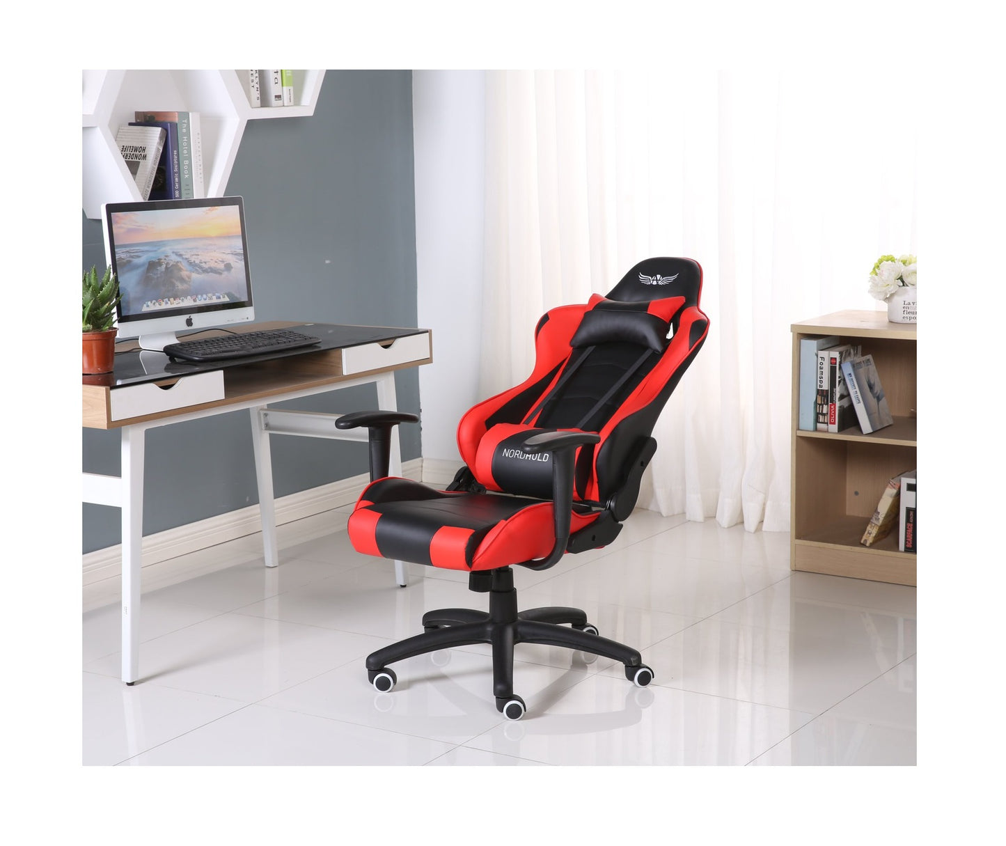 Scaun Gaming Reglabil cu mecanism TILT idealSTORE Racing eSPORT COLLECTION, Asigura pozitia si confortul corect al corpului, Echipat cu cotiere reglabile, perne confortabile, Posibilitatea modificarii unghiului spatarului pana la 180 , Negru-Rosu