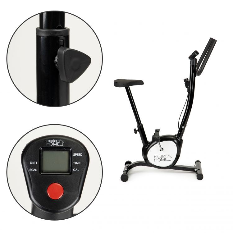 Bicicleta fitness Multifunctionala idealSTORE Dimensiuni 115 x 78 cm, Monitorizeaza viteza, distanta, caloriile arse, Sezut reglabil, Echipat cu roti pentru transport, Sarcina 125 Kg, Culoare negru
