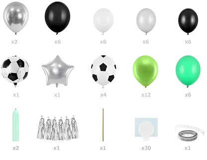 Ghirlanda de Baloane idealSTORE Party Football, Include 48 de Baloane, Banda 2,5 m, Un Pai de Hartie, Benzi de Spuma, Dimensiuni 150 x 126 cm, Latex, Culori Mixte, Ideal Pentru Petreceri de Baieti