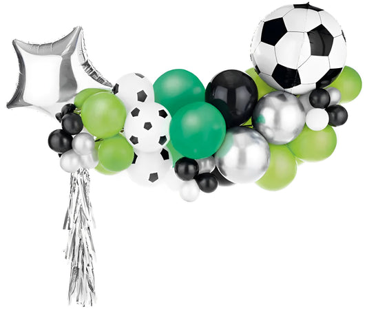 Ghirlanda de Baloane idealSTORE Party Football, Include 48 de Baloane, Banda 2,5 m, Un Pai de Hartie, Benzi de Spuma, Dimensiuni 150 x 126 cm, Latex, Culori Mixte, Ideal Pentru Petreceri de Baieti