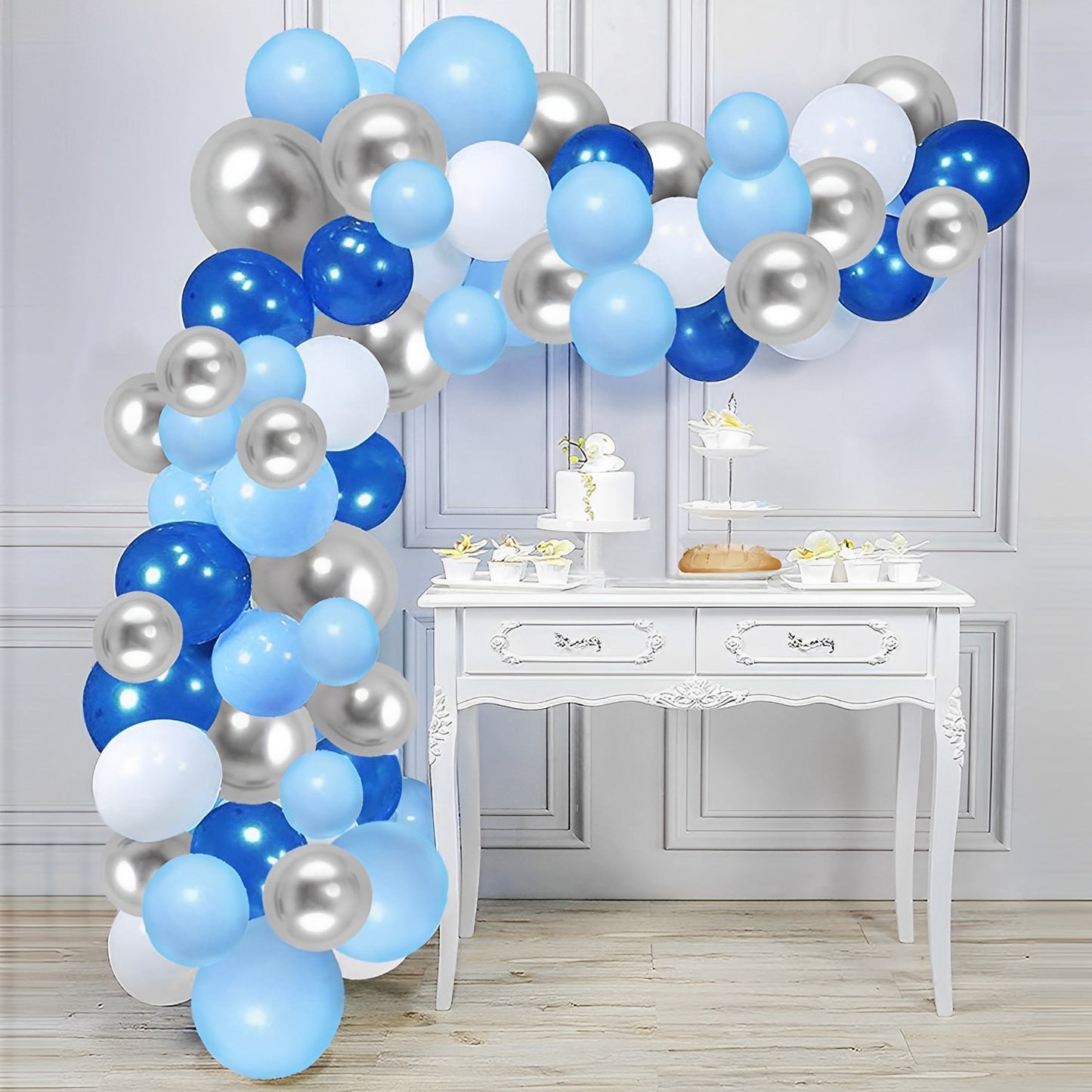 Ghirlanda 60 de baloane BabyBlue IdealStore, Dimensiune aproximativ 200 cm, Banda dublu adeziva, Multiple culori din Latex, Ideale pentru o petrecere reusita
