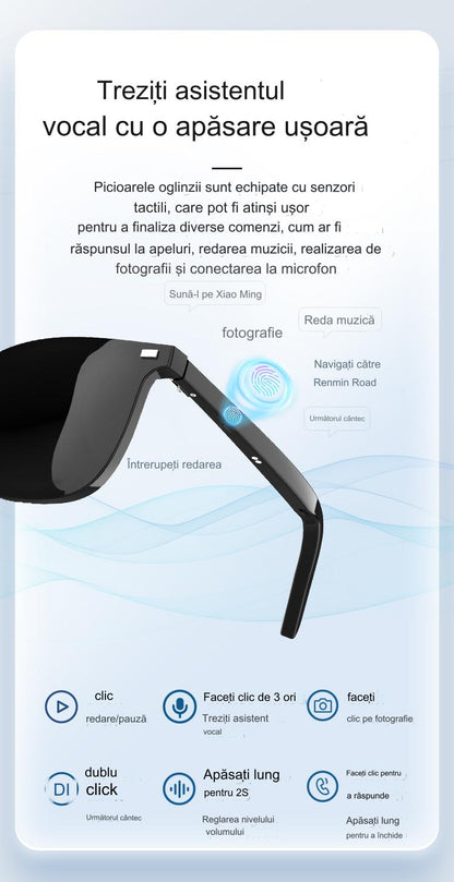 Ochelari de Soare Inteligenti Glasses Fashion idealSTORE, Bluetooth V5.3, Android/IOS, Difuzoare, Microfon, Voice Assistant, Preluare Apel, Control Muzica, Functie Camera, Protectie UV, Impermeabili, Lentile Interschimbabile, Autonomie Mare, Raza 12m