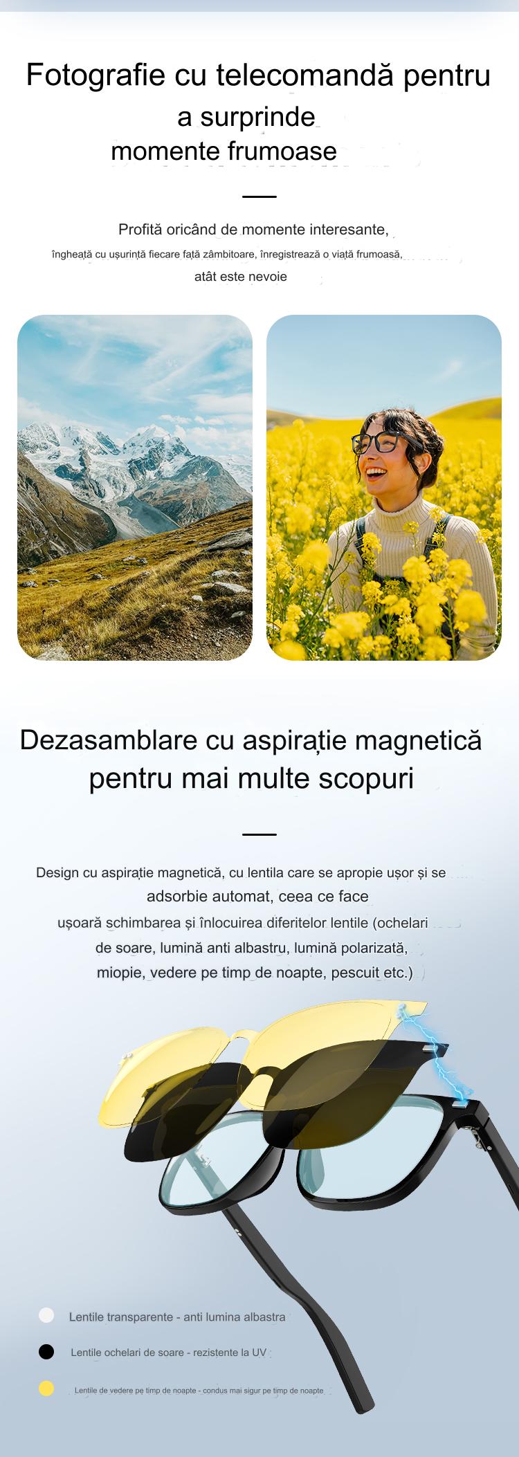 Ochelari de Soare Inteligenti Glasses Fashion idealSTORE, Bluetooth V5.3, Android/IOS, Difuzoare, Microfon, Voice Assistant, Preluare Apel, Control Muzica, Functie Camera, Protectie UV, Impermeabili, Lentile Interschimbabile, Autonomie Mare, Raza 12m