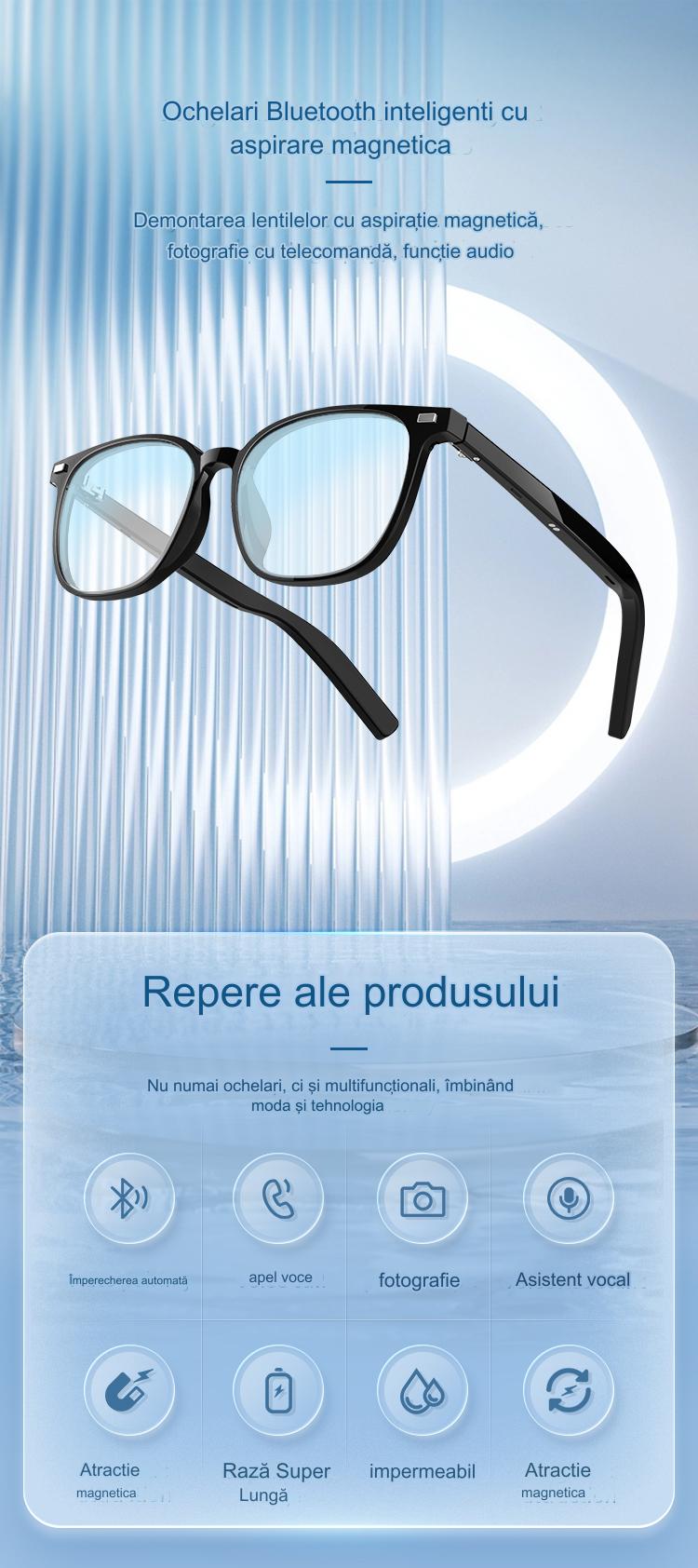 Ochelari de Soare Inteligenti Glasses Fashion idealSTORE, Bluetooth V5.3, Android/IOS, Difuzoare, Microfon, Voice Assistant, Preluare Apel, Control Muzica, Functie Camera, Protectie UV, Impermeabili, Lentile Interschimbabile, Autonomie Mare, Raza 12m