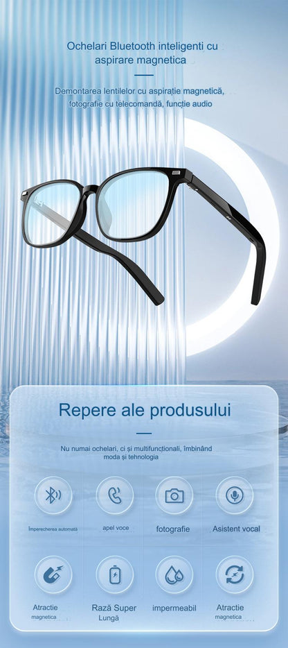 Ochelari de Soare Inteligenti Glasses Fashion idealSTORE, Bluetooth V5.3, Android/IOS, Difuzoare, Microfon, Voice Assistant, Preluare Apel, Control Muzica, Functie Camera, Protectie UV, Impermeabili, Lentile Interschimbabile, Autonomie Mare, Raza 12m