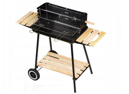 Gratar cu Carbuni si ROTISOR pentru Gradina IDL, DOTAT cu 3 Rafturi din LEMN practice pentru Accesorii si 2 Roti pentru a facilita transportul, Colectie 2019, Dimensiuni 84 x 37 x 86 cm, Inaltime reglabila pe 4 nivele, Constructie stabila