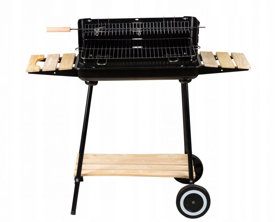 Gratar cu Carbuni si ROTISOR pentru Gradina IDL, DOTAT cu 3 Rafturi din LEMN practice pentru Accesorii si 2 Roti pentru a facilita transportul, Colectie 2019, Dimensiuni 84 x 37 x 86 cm, Inaltime reglabila pe 4 nivele, Constructie stabila