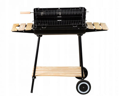 Gratar cu Carbuni si ROTISOR pentru Gradina IDL, DOTAT cu 3 Rafturi din LEMN practice pentru Accesorii si 2 Roti pentru a facilita transportul, Colectie 2019, Dimensiuni 84 x 37 x 86 cm, Inaltime reglabila pe 4 nivele, Constructie stabila