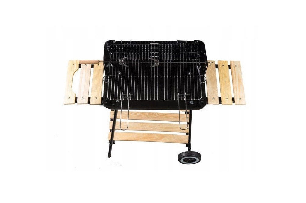 Gratar cu Carbuni si ROTISOR pentru Gradina IDL, DOTAT cu 3 Rafturi din LEMN practice pentru Accesorii si 2 Roti pentru a facilita transportul, Colectie 2019, Dimensiuni 84 x 37 x 86 cm, Inaltime reglabila pe 4 nivele, Constructie stabila