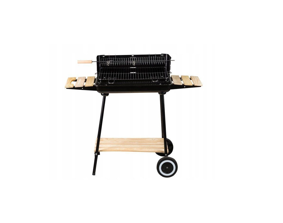 Gratar cu Carbuni si ROTISOR pentru Gradina IDL, DOTAT cu 3 Rafturi din LEMN practice pentru Accesorii si 2 Roti pentru a facilita transportul, Colectie 2019, Dimensiuni 84 x 37 x 86 cm, Inaltime reglabila pe 4 nivele, Constructie stabila