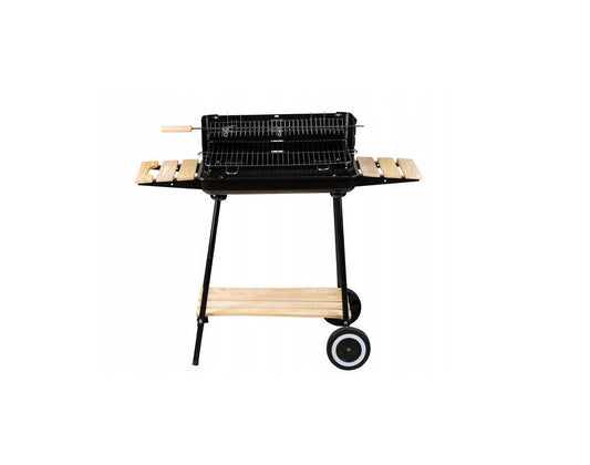 Gratar cu Carbuni si ROTISOR pentru Gradina IDL, DOTAT cu 3 Rafturi din LEMN practice pentru Accesorii si 2 Roti pentru a facilita transportul, Colectie 2019, Dimensiuni 84 x 37 x 86 cm, Inaltime reglabila pe 4 nivele, Constructie stabila