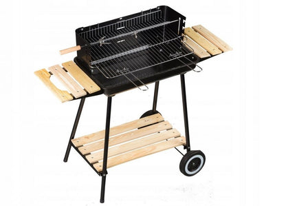 Gratar cu Carbuni si ROTISOR pentru Gradina IDL, DOTAT cu 3 Rafturi din LEMN practice pentru Accesorii si 2 Roti pentru a facilita transportul, Colectie 2019, Dimensiuni 84 x 37 x 86 cm, Inaltime reglabila pe 4 nivele, Constructie stabila