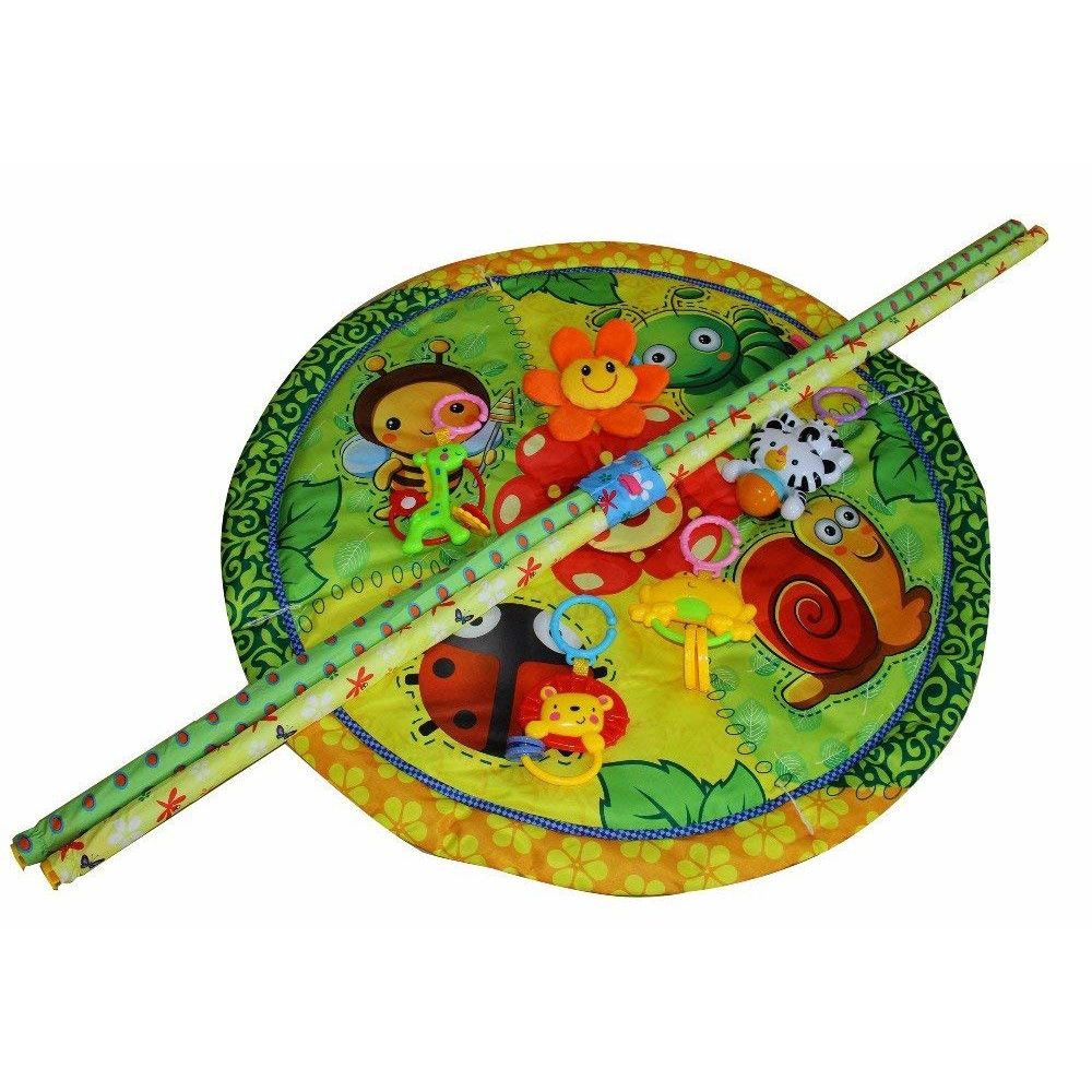 Centru de activitati tip Covoras 2 in 1 GREEN ANIMALS idealStore, Accesorizat cu jucarii simbolice si detasabile, Sprijina dezvoltarea stimulilor vizuali si ofera provocari fizice care vor ajuta la dezvoltarea abilitatilor motorii, Verde portocaliu