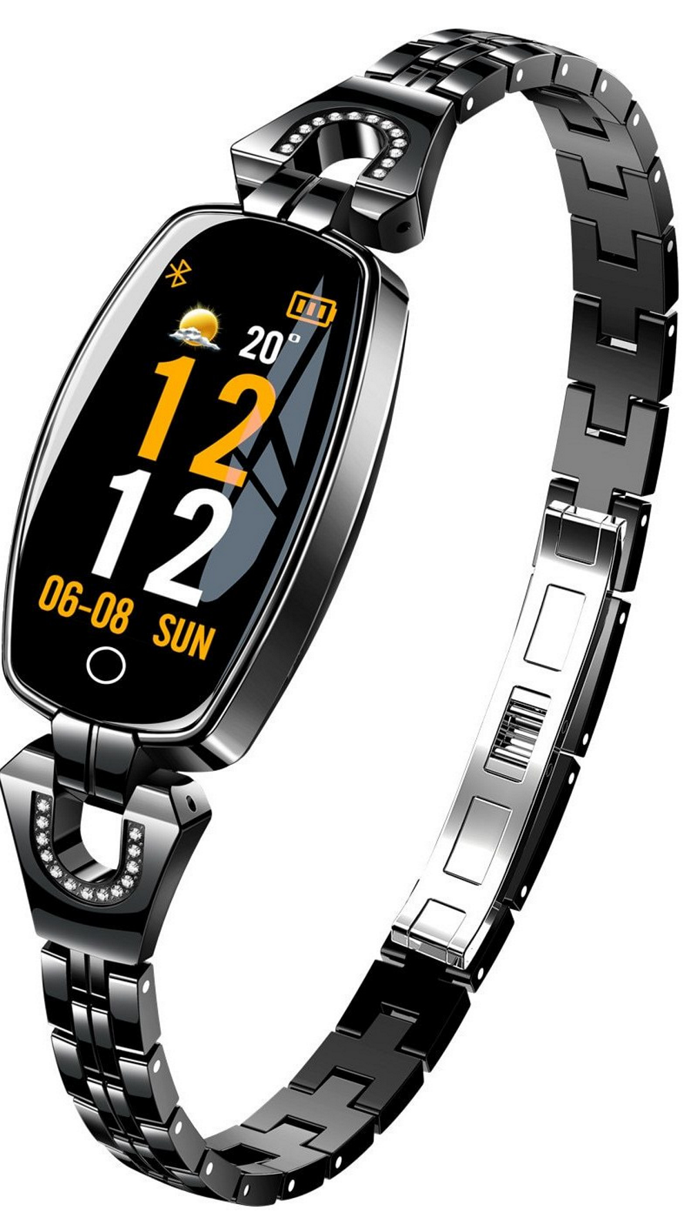 Ceas Smartwatch Sweet Lady H8 2019, Bratara metalica cu insertii elegante cu bijuterii, Monitorizare Ritm Cardiac, Sedentarism, Fitness Tracker, IP67 Waterproof, Culoare Negru