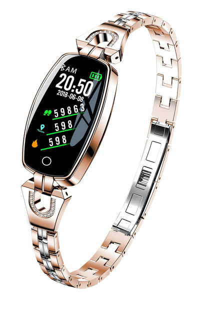 Ceas Smartwatch Sweet Lady H8 2019, Bratara metalica cu insertii elegante cu bijuterii, Monitorizare Ritm Cardiac, Sedentarism, Fitness Tracker, IP67 Waterproof, Culoare Auriu