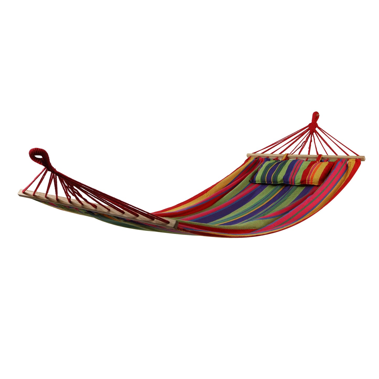 Hamac cu dungi, multicolor cu bare din lemn si perna 200 x 100/80 cm, ajustabil si usor de montat, suporta pana la 100Kg