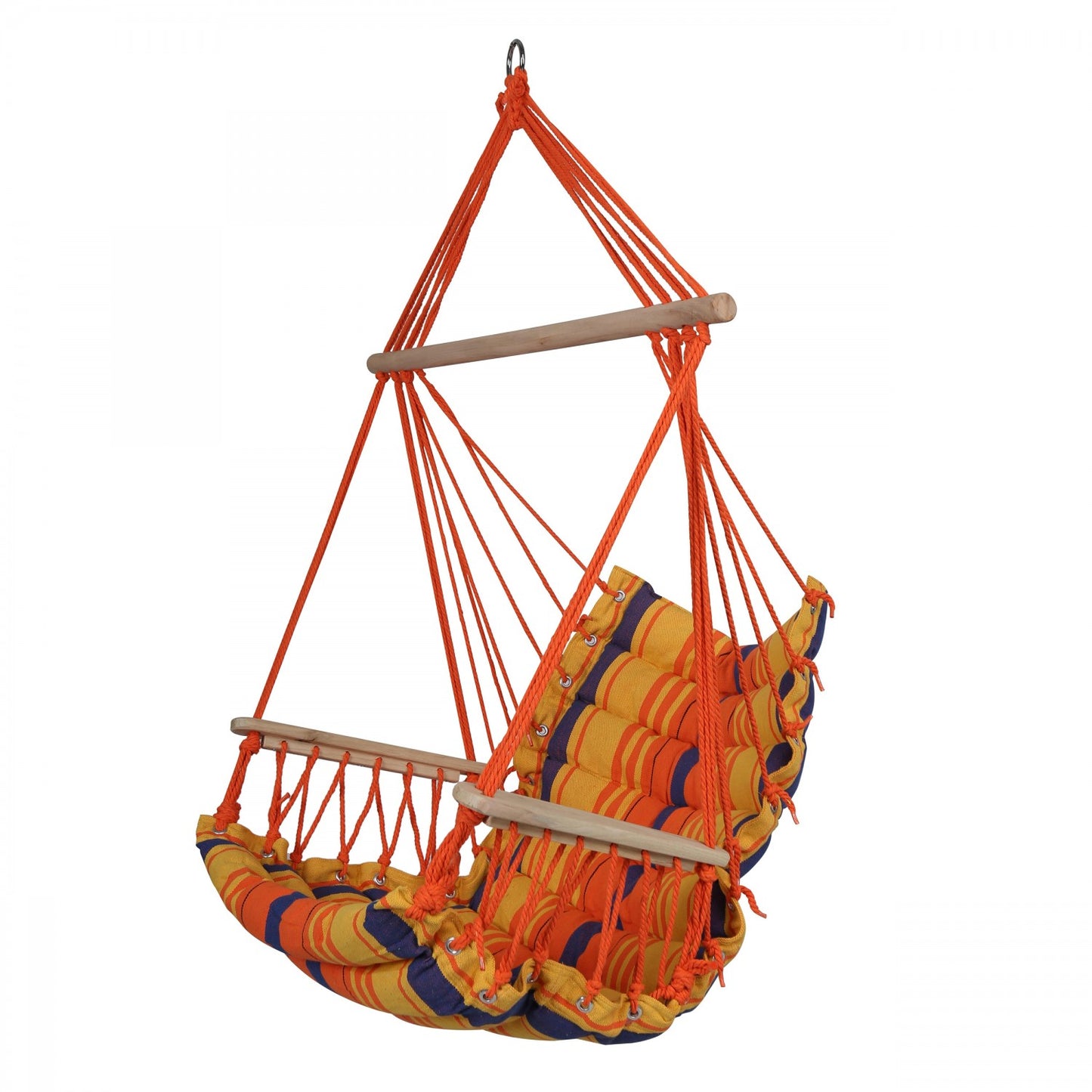 Hamac IDL SummerTime HangOut tip scaun, Material premium pentru confort, usor de montat, cu bara stabilizatoare din lemn, rezistenta sporita, Dimensiune 90 x 65 cm, Multicolor