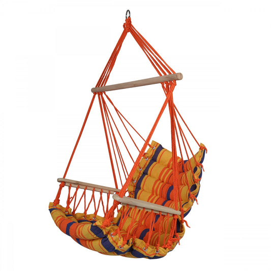 Hamac IDL SummerTime HangOut tip scaun, Material premium pentru confort, usor de montat, cu bara stabilizatoare din lemn, rezistenta sporita, Dimensiune 90 x 65 cm, Multicolor