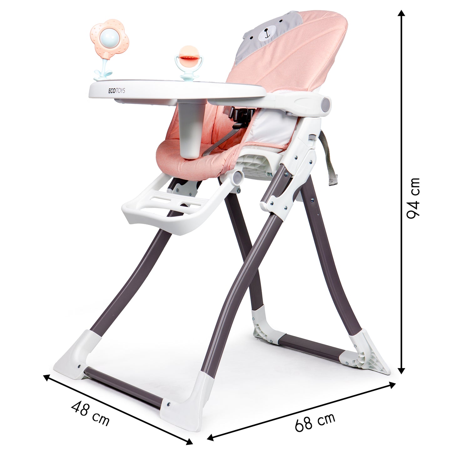 Scaun de Hranire idealStore Boom Baby Roze, Dimensiuni 95x69x50 cm, 6-36 luni, Centuri de siguranta in 3 puncte, Picioare Antiderapante Reglabila in 4 trepte, Pliabil, Sarcina 55 KG