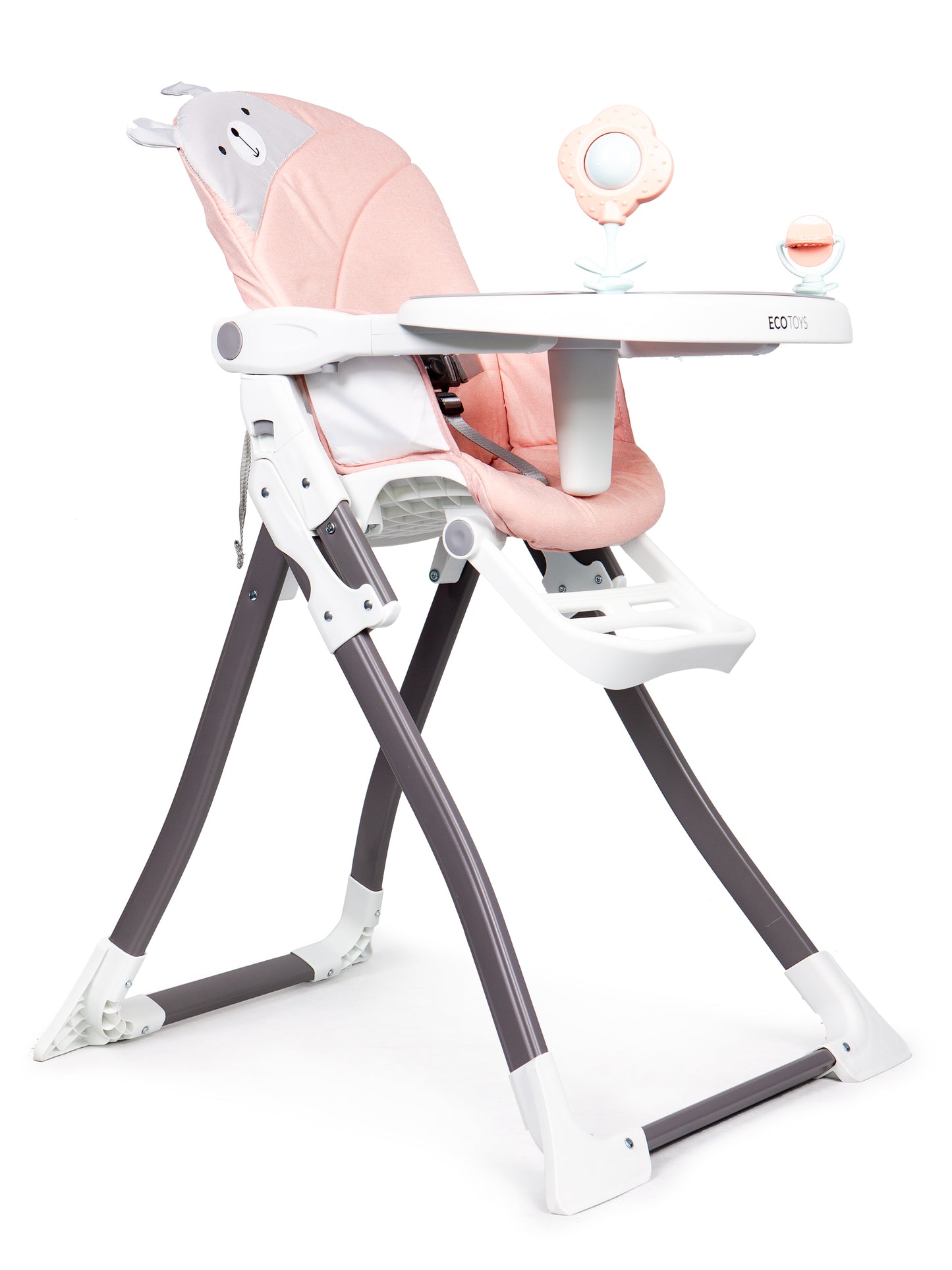 Scaun de Hranire idealStore Boom Baby Roze, Dimensiuni 95x69x50 cm, 6-36 luni, Centuri de siguranta in 3 puncte, Picioare Antiderapante Reglabila in 4 trepte, Pliabil, Sarcina 55 KG