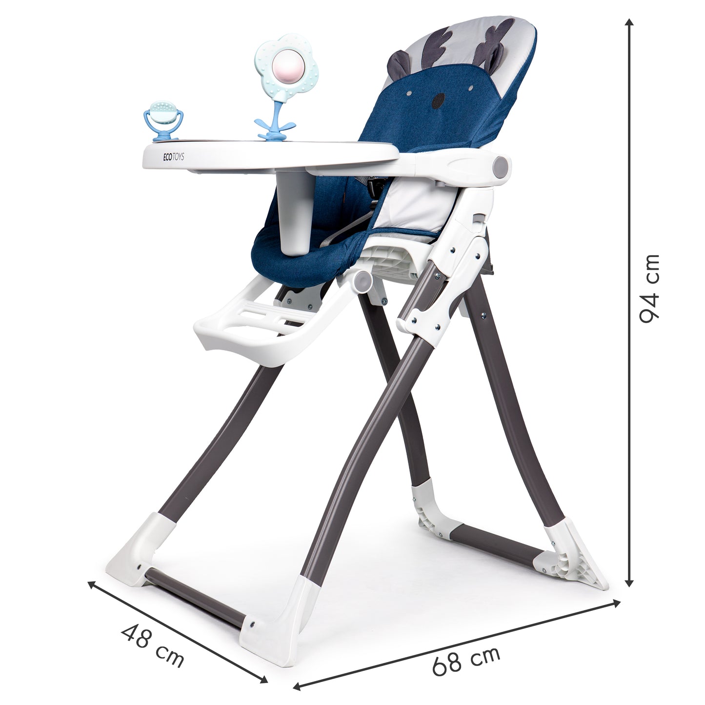 Scaun de Hranire idealStore Boom Baby Blue, Dimensiuni 95x69x50 cm, 6-36 luni, Centuri de siguranta in 3 puncte, Picioare Antiderapante Reglabila in 4 trepte, Pliabil, Sarcina 55 KG