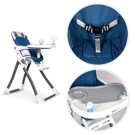 Scaun de Hranire idealStore Boom Baby Blue, Dimensiuni 95x69x50 cm, 6-36 luni, Centuri de siguranta in 3 puncte, Picioare Antiderapante Reglabila in 4 trepte, Pliabil, Sarcina 55 KG