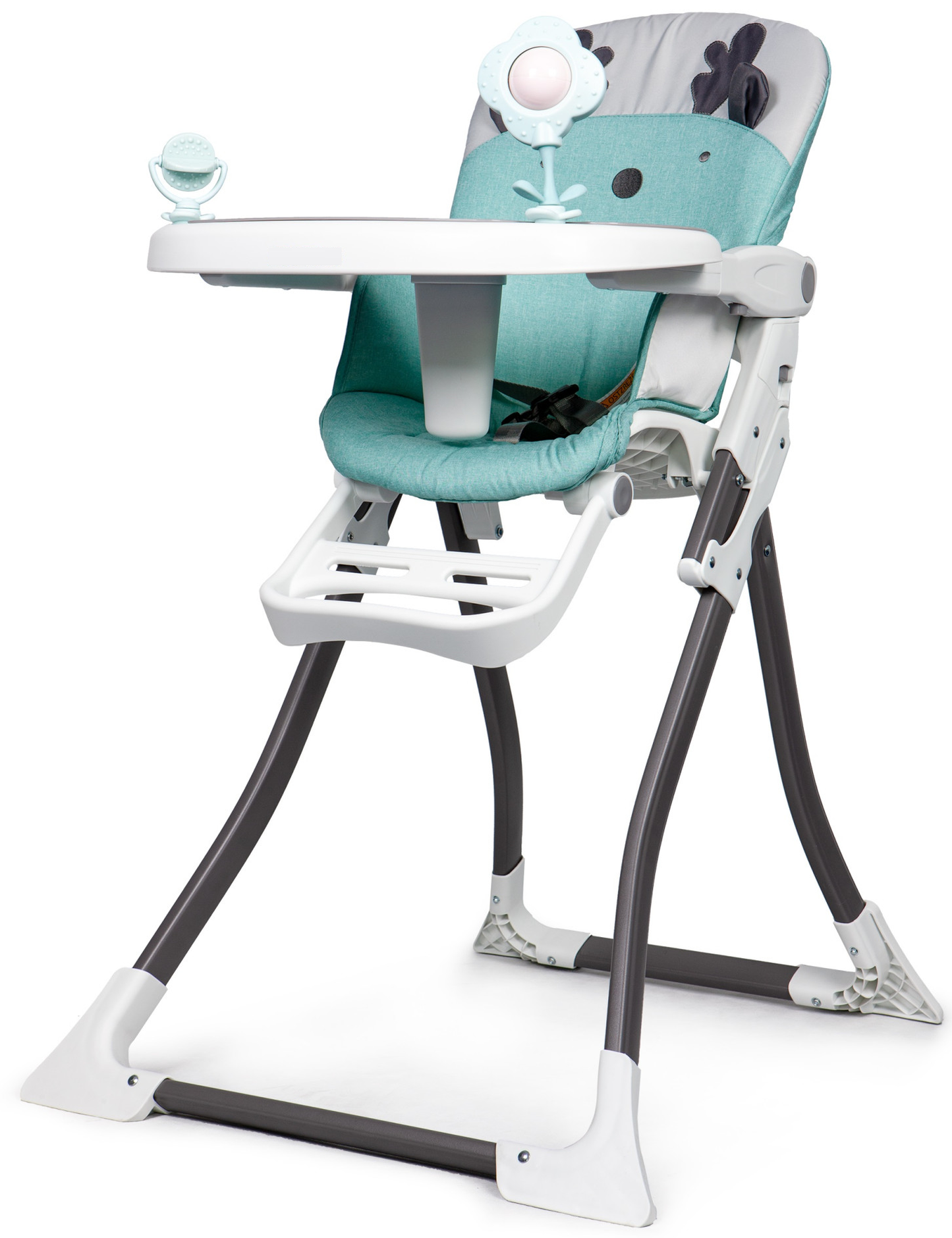 Scaun pentru Hranire idealSTORE BOOM BABY GREEN, Dimensiuni 94 x 68 x 48 cm, 6-36 luni, maxim 50 Kg, Centuri de siguranta in 3 puncte, Tava detasabila si reglabila in 3 trepte, Constructie stabila, Sistem de pliere special