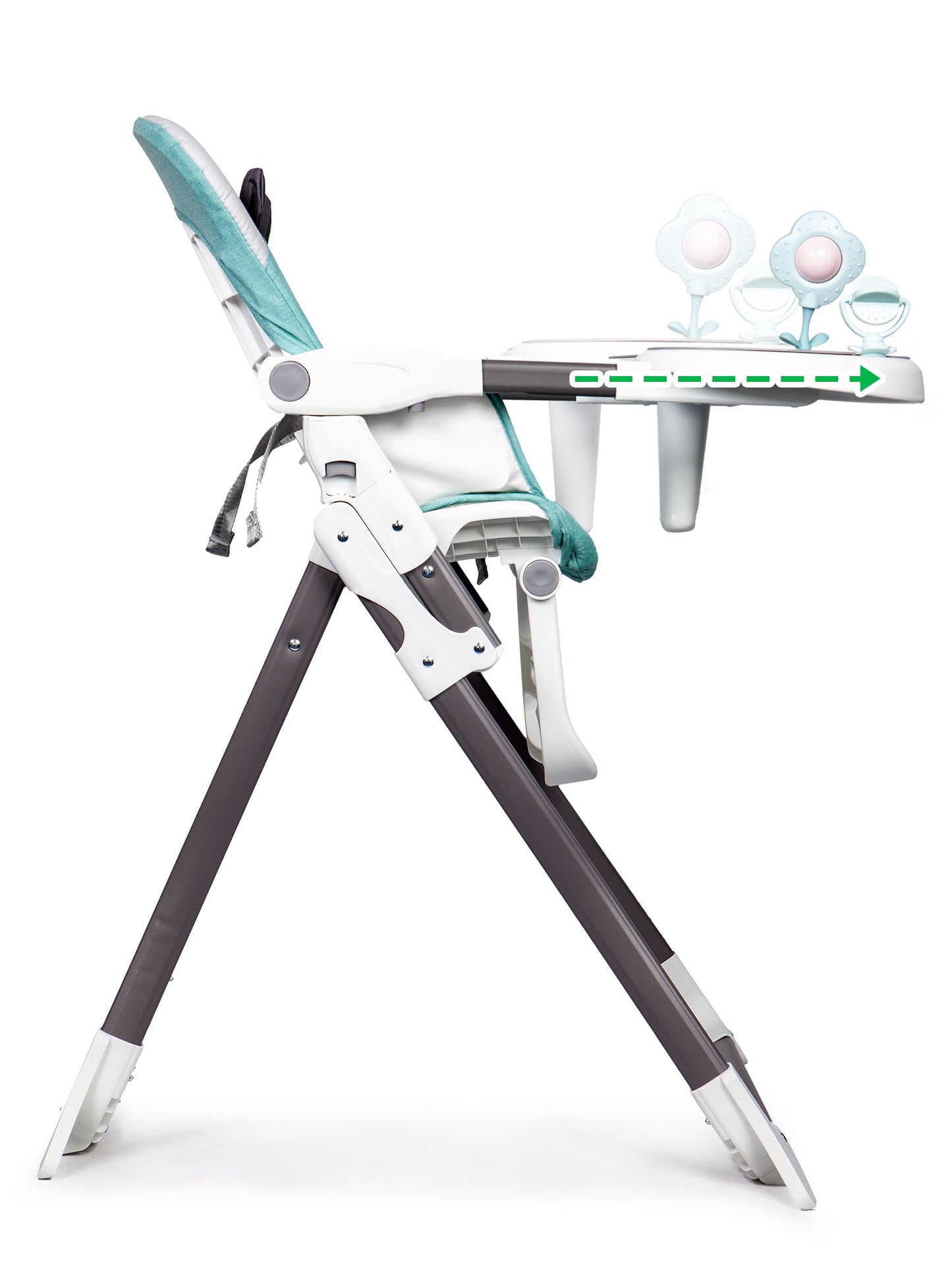 Scaun pentru Hranire idealSTORE BOOM BABY GREEN, Dimensiuni 94 x 68 x 48 cm, 6-36 luni, maxim 50 Kg, Centuri de siguranta in 3 puncte, Tava detasabila si reglabila in 3 trepte, Constructie stabila, Sistem de pliere special