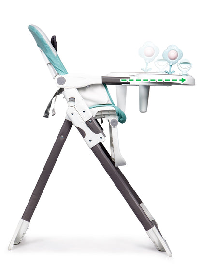 Scaun pentru Hranire idealSTORE BOOM BABY GREEN, Dimensiuni 94 x 68 x 48 cm, 6-36 luni, maxim 50 Kg, Centuri de siguranta in 3 puncte, Tava detasabila si reglabila in 3 trepte, Constructie stabila, Sistem de pliere special